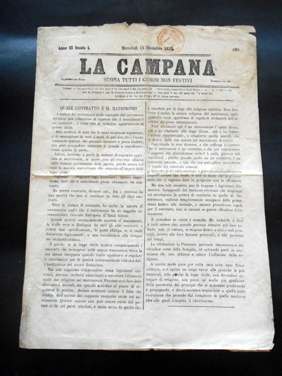 Risorgimento Storia locale Torino - Giornale La Campana - n. … | Immagine principale