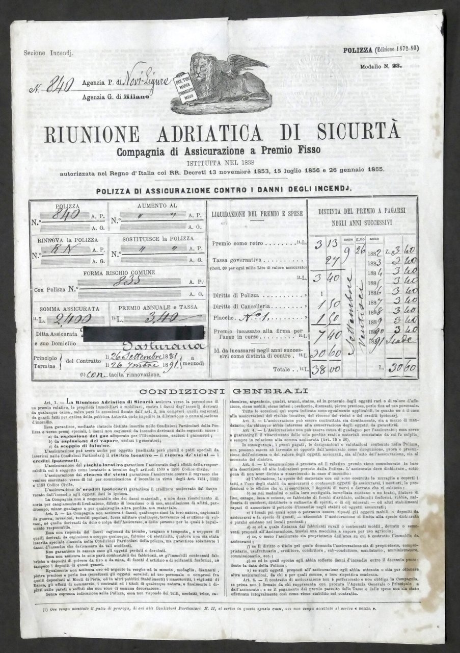 Riunione Adriatica di Sicurtà - Polizza di Assicurazione - Novi …