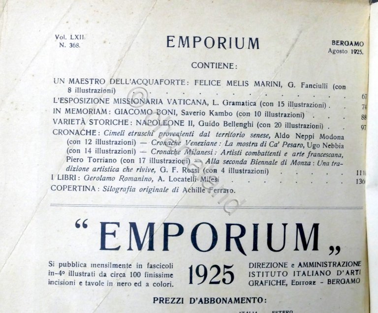 Rivista arte e cultura Emporium N. 368 - Agosto 1925 …