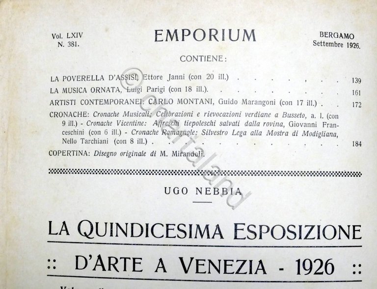 Rivista arte e cultura Emporium N. 381 Settembre 1926 Copertina …