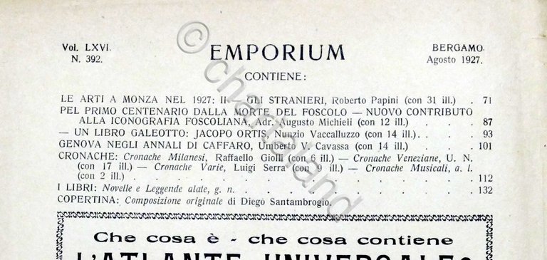 Rivista arte e cultura Emporium N. 392 Agosto 1927 Copertina …