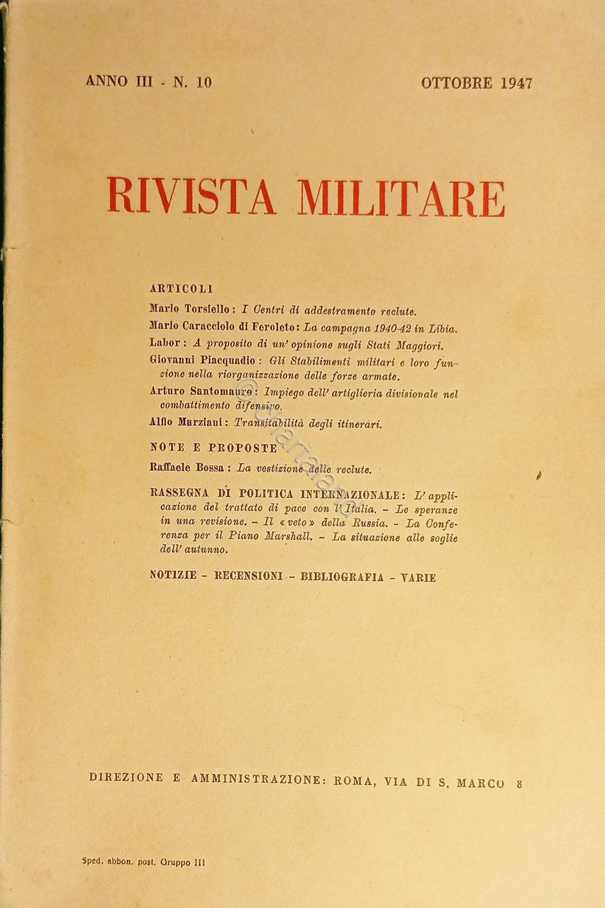 Rivista Militare - Anno III - N. 10 Ottobre 1947