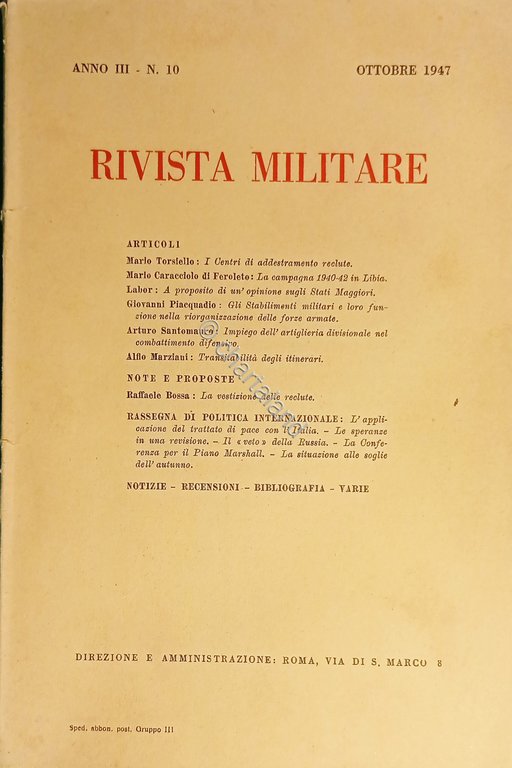 Rivista Militare - Anno III - N. 10 Ottobre 1947