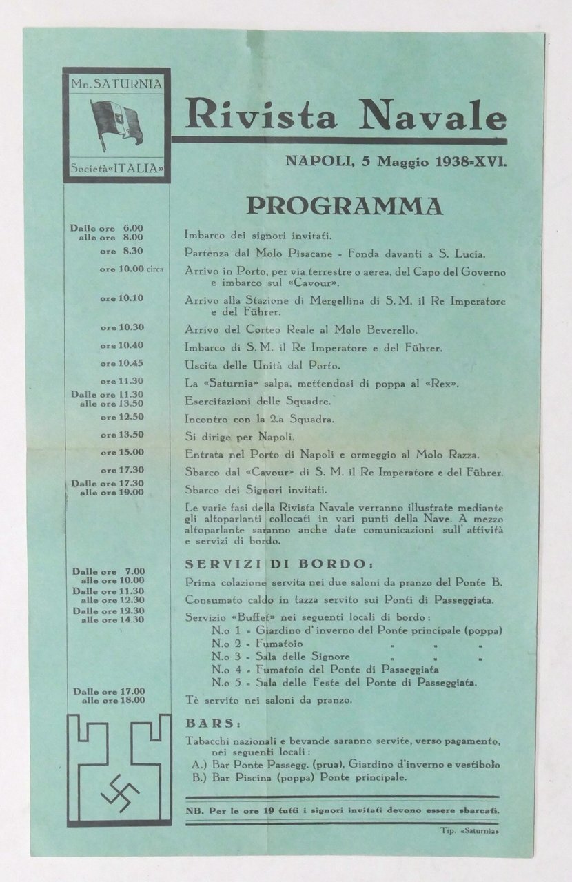 Rivista Navale Napoli 5 Maggio 1938 - Volantino Programma visita …