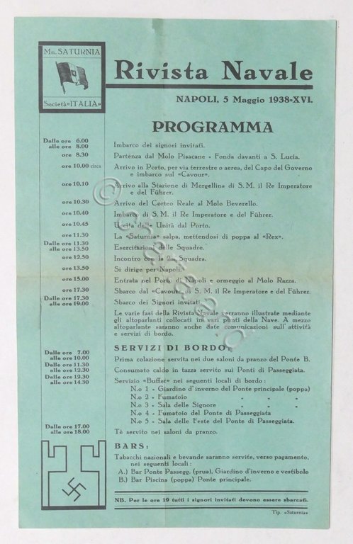 Rivista Navale Napoli 5 Maggio 1938 - Volantino Programma visita …