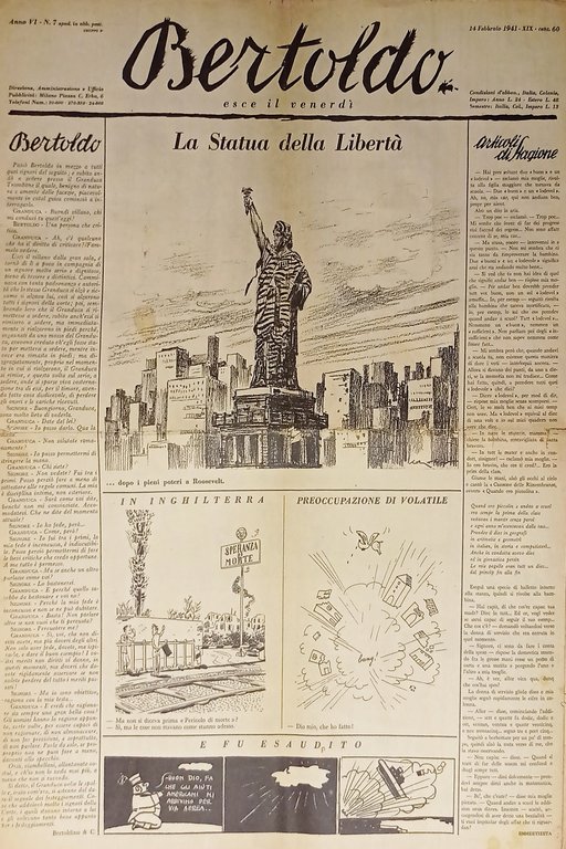 Rivista Periodica di Umorismo - Bertoldo n. 7 - 1941 La Statua della Libertà