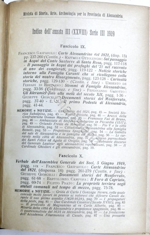 Rivista Storia Arte Archeologia prov. di Alessandria Anno XXVIII completo …