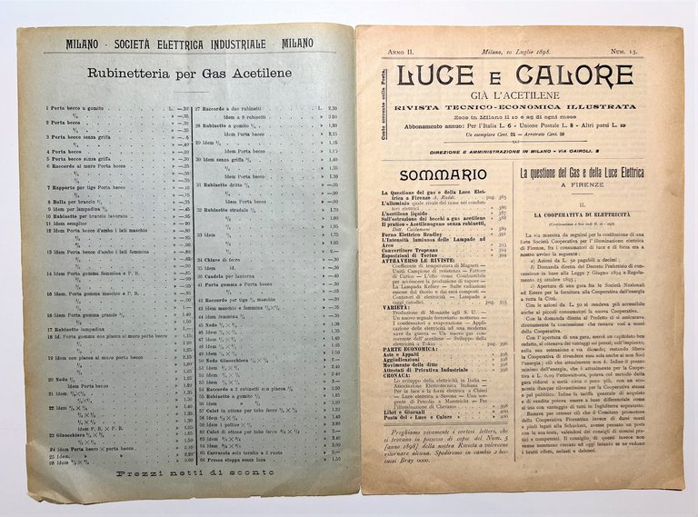 Rivista Tecnico Economica Illustrata - Luce e Calore Già Acetilene …