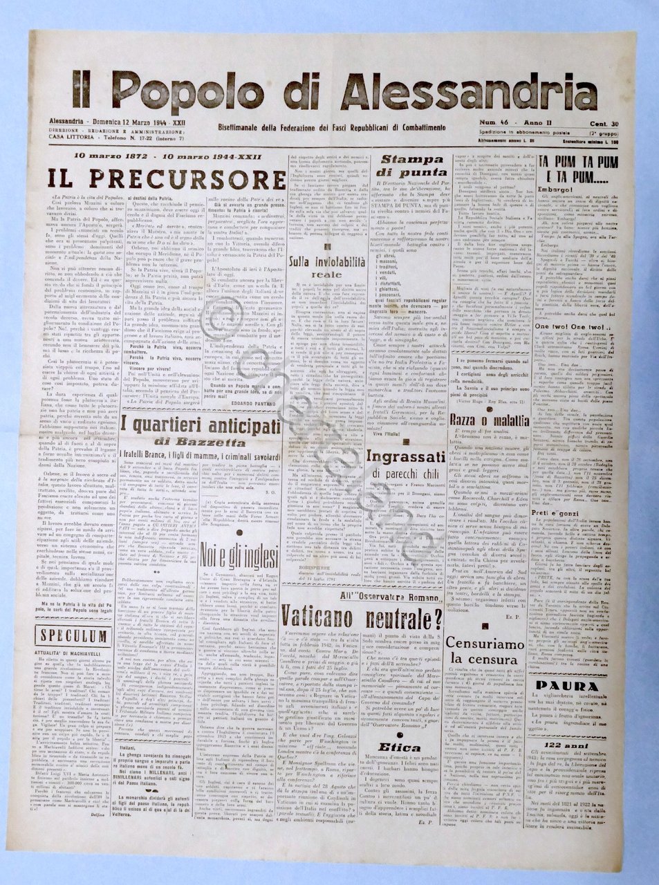 RSI Federazione Fasci - Il Popolo di Alessandria N. 46 …