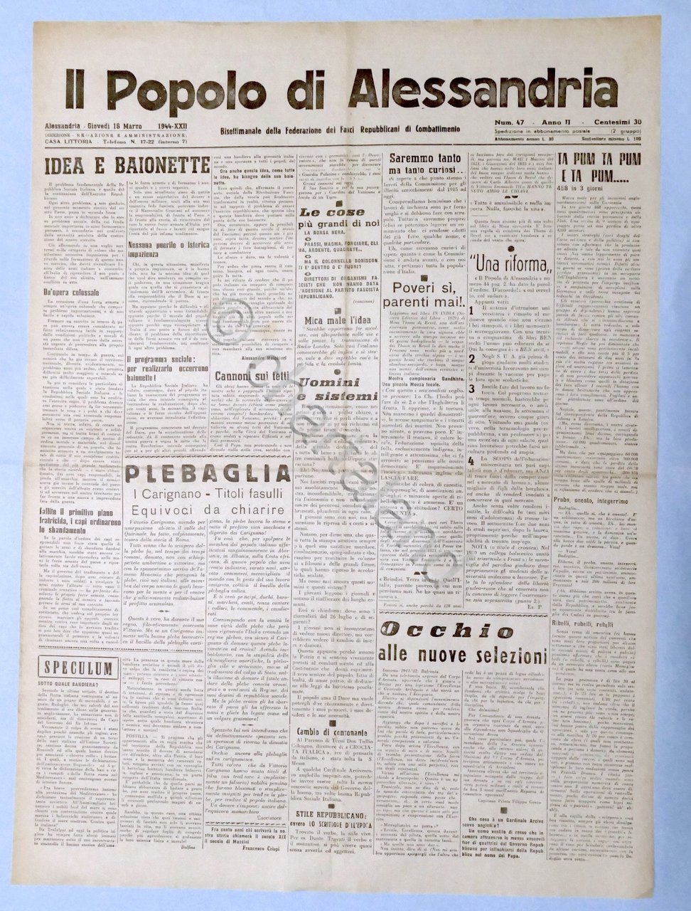 RSI Federazione Fasci - Il Popolo di Alessandria N. 47 …
