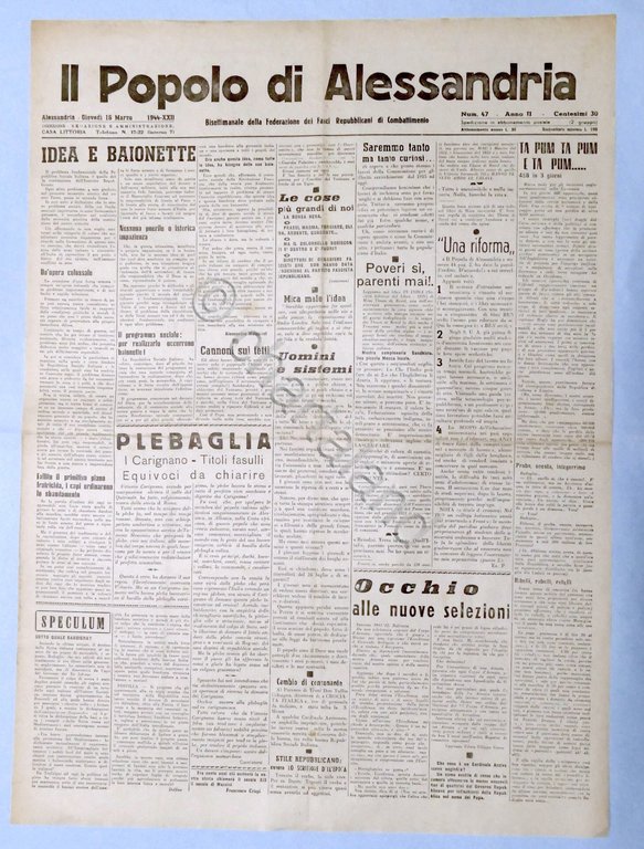 RSI Federazione Fasci - Il Popolo di Alessandria N. 47 - 1944 - Idea e baionette