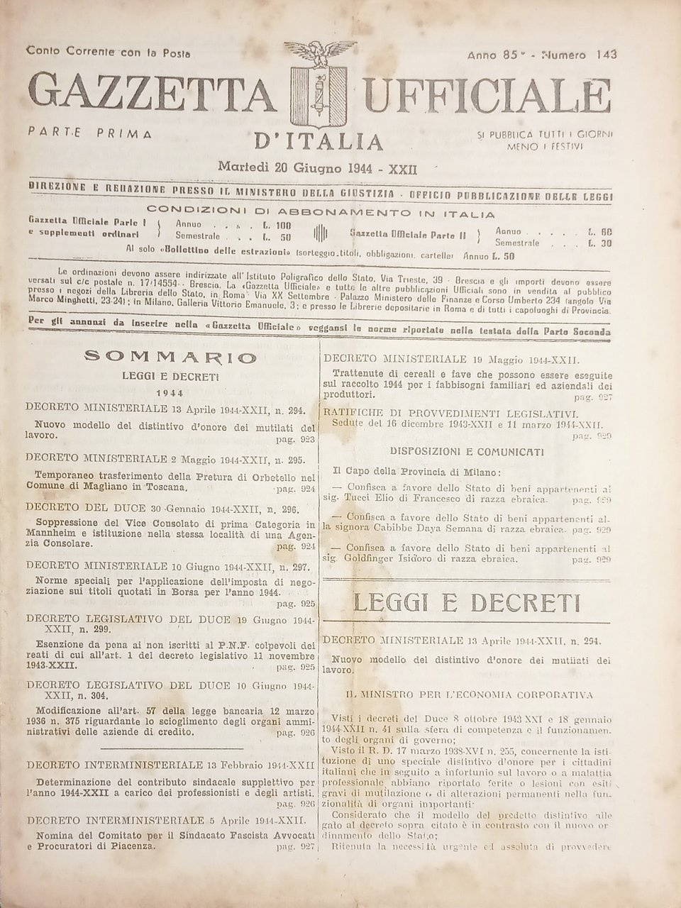 RSI Gazzetta Ufficiale d'Italia N. 143 - 1944