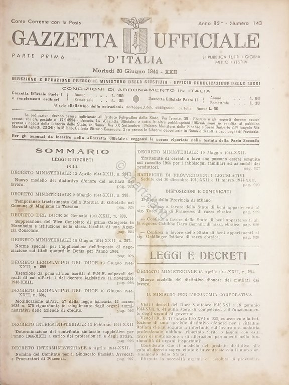 RSI Gazzetta Ufficiale d'Italia N. 143 - 1944