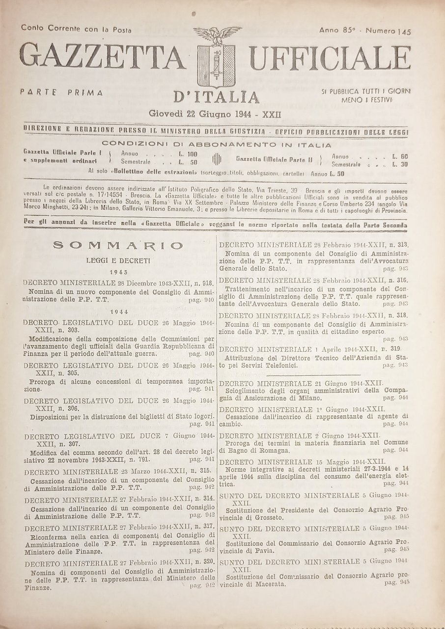 RSI Gazzetta Ufficiale d'Italia N. 145 - 1944