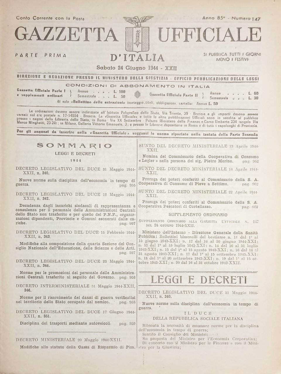 RSI Gazzetta Ufficiale d'Italia N. 147 - 1944