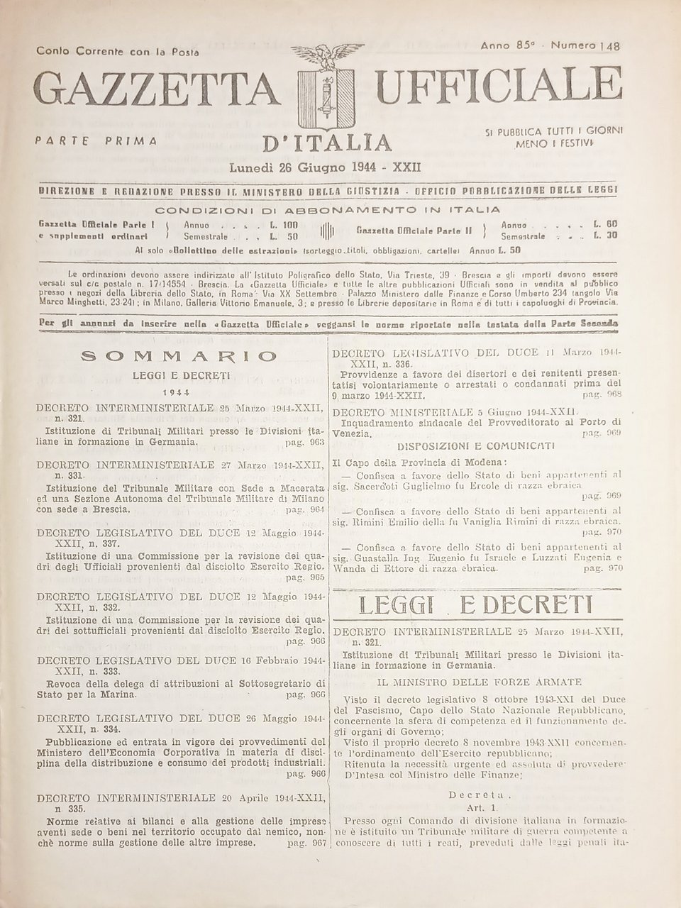 RSI Gazzetta Ufficiale d'Italia N. 148 - 1944