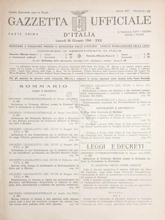 RSI Gazzetta Ufficiale d'Italia N. 148 - 1944