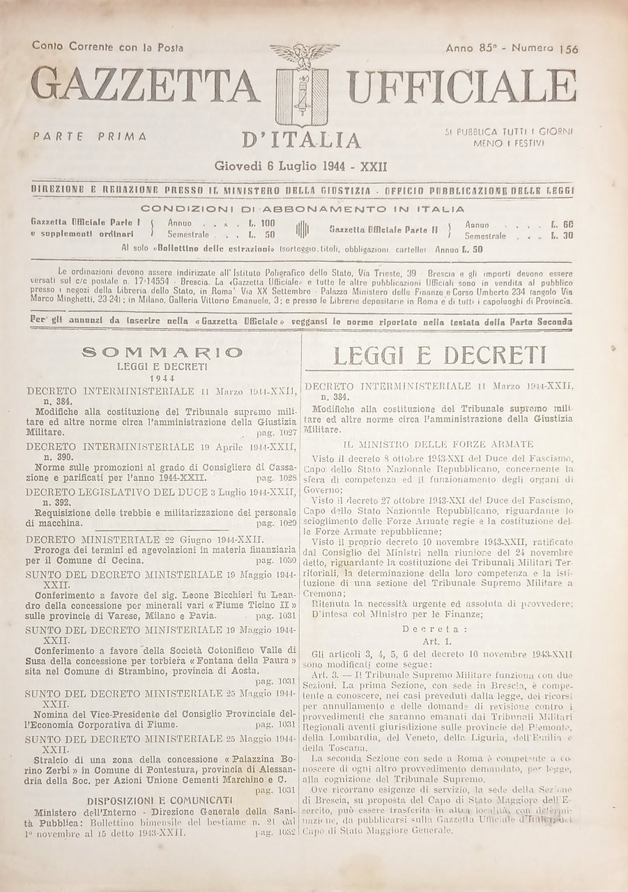 RSI Gazzetta Ufficiale d'Italia N. 156 - 1944