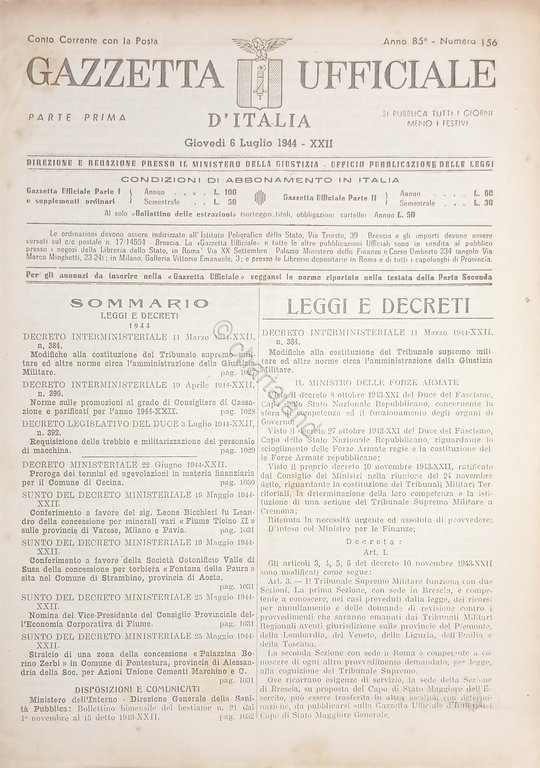 RSI Gazzetta Ufficiale d'Italia N. 156 - 1944