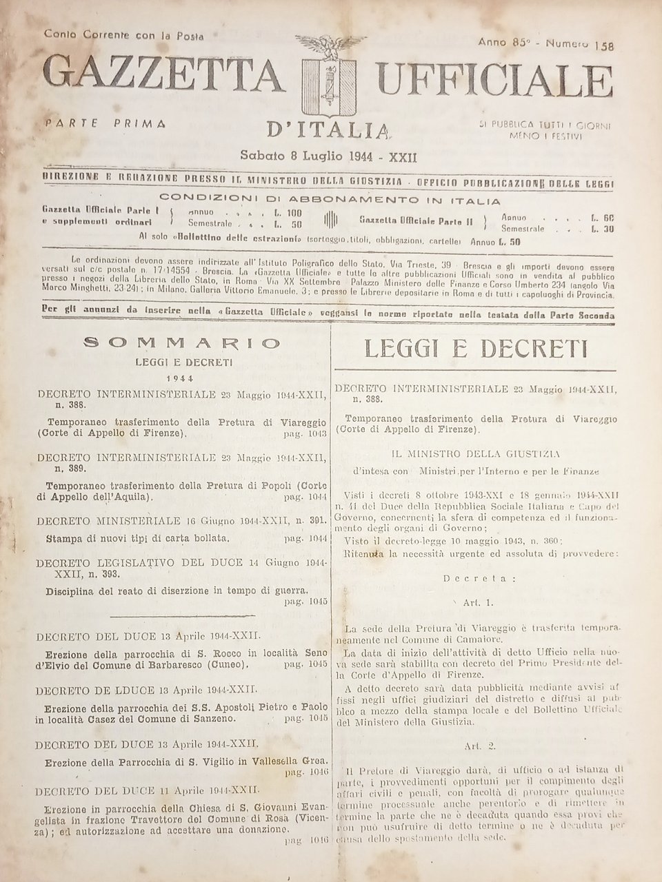 RSI Gazzetta Ufficiale d'Italia N. 158 - 1944