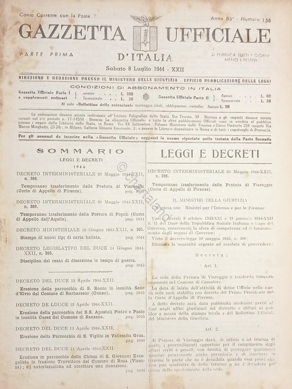 RSI Gazzetta Ufficiale d'Italia N. 158 - 1944