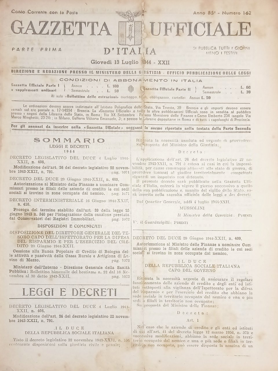 RSI Gazzetta Ufficiale d'Italia N. 162 - 1944
