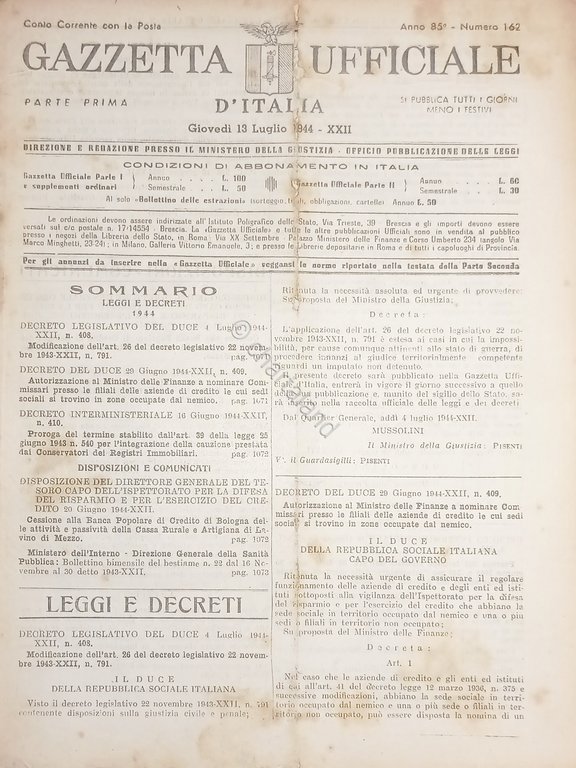 RSI Gazzetta Ufficiale d'Italia N. 162 - 1944