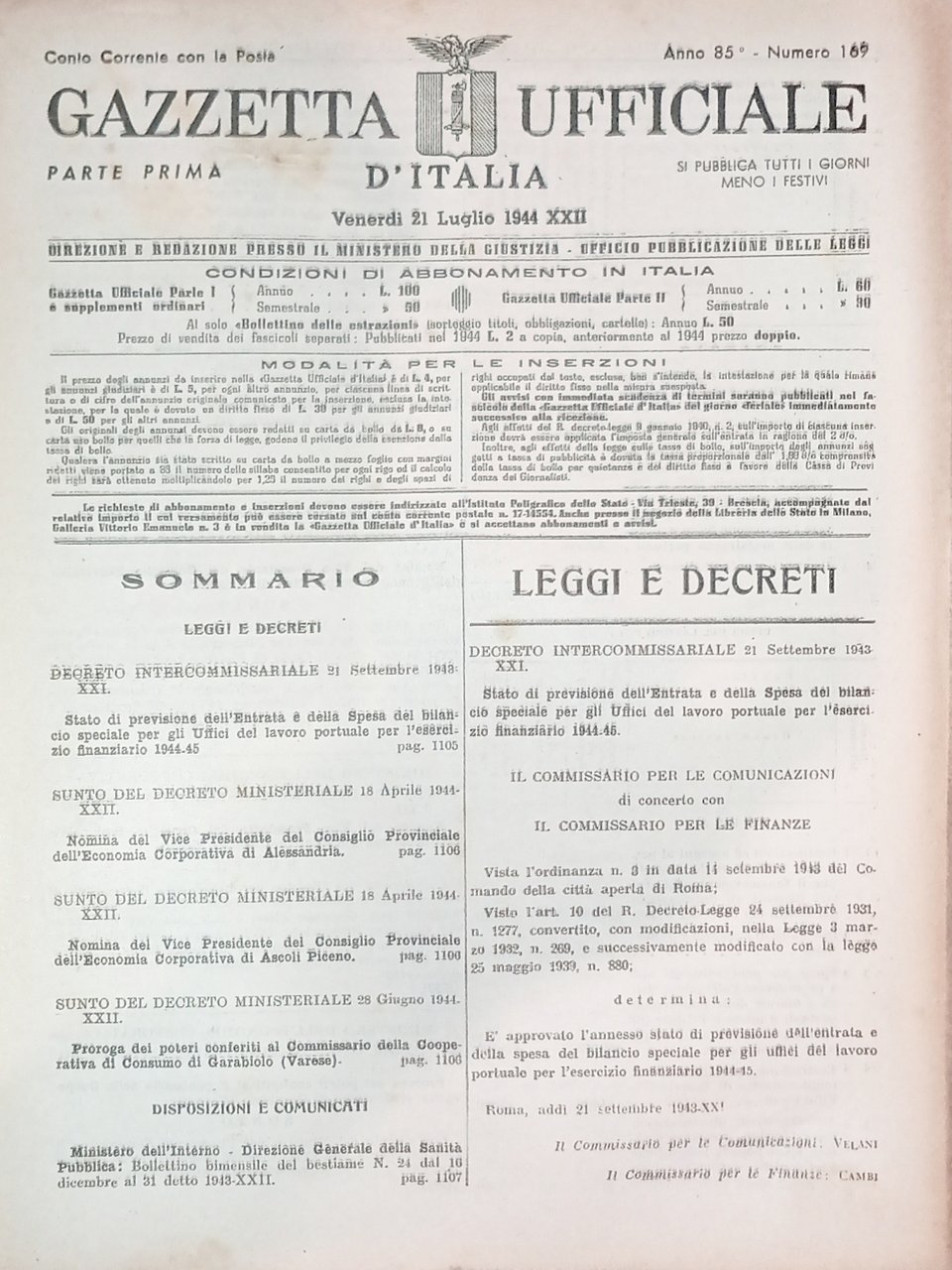 RSI Gazzetta Ufficiale d'Italia N. 169 - 1944