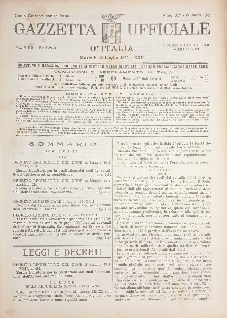 RSI Gazzetta Ufficiale d'Italia N. 172 - 1944