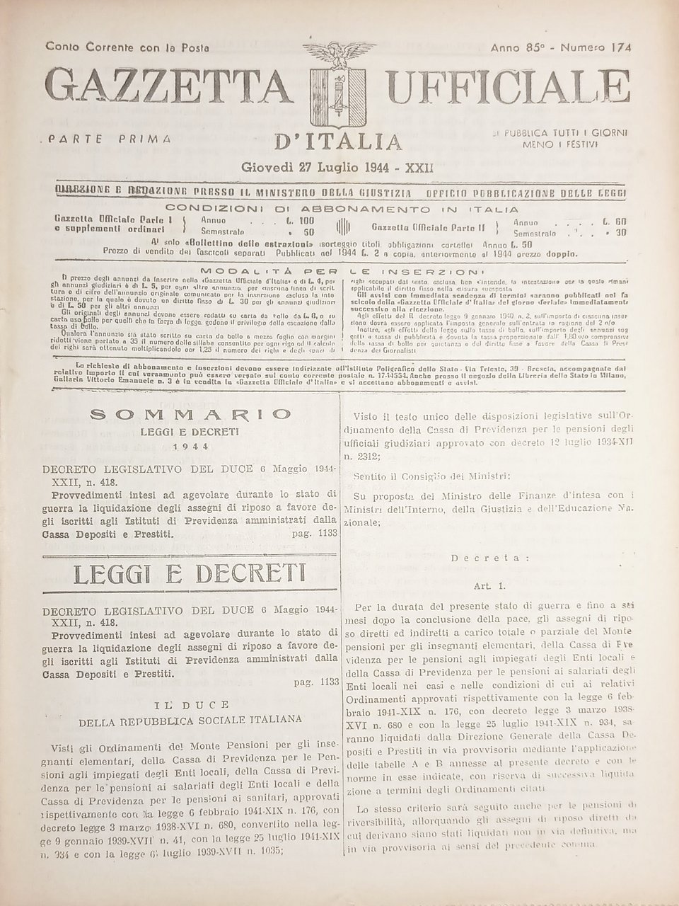 RSI Gazzetta Ufficiale d'Italia N. 174 - 1944