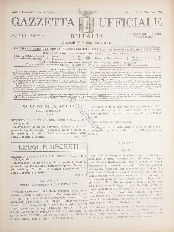 RSI Gazzetta Ufficiale d'Italia N. 174 - 1944