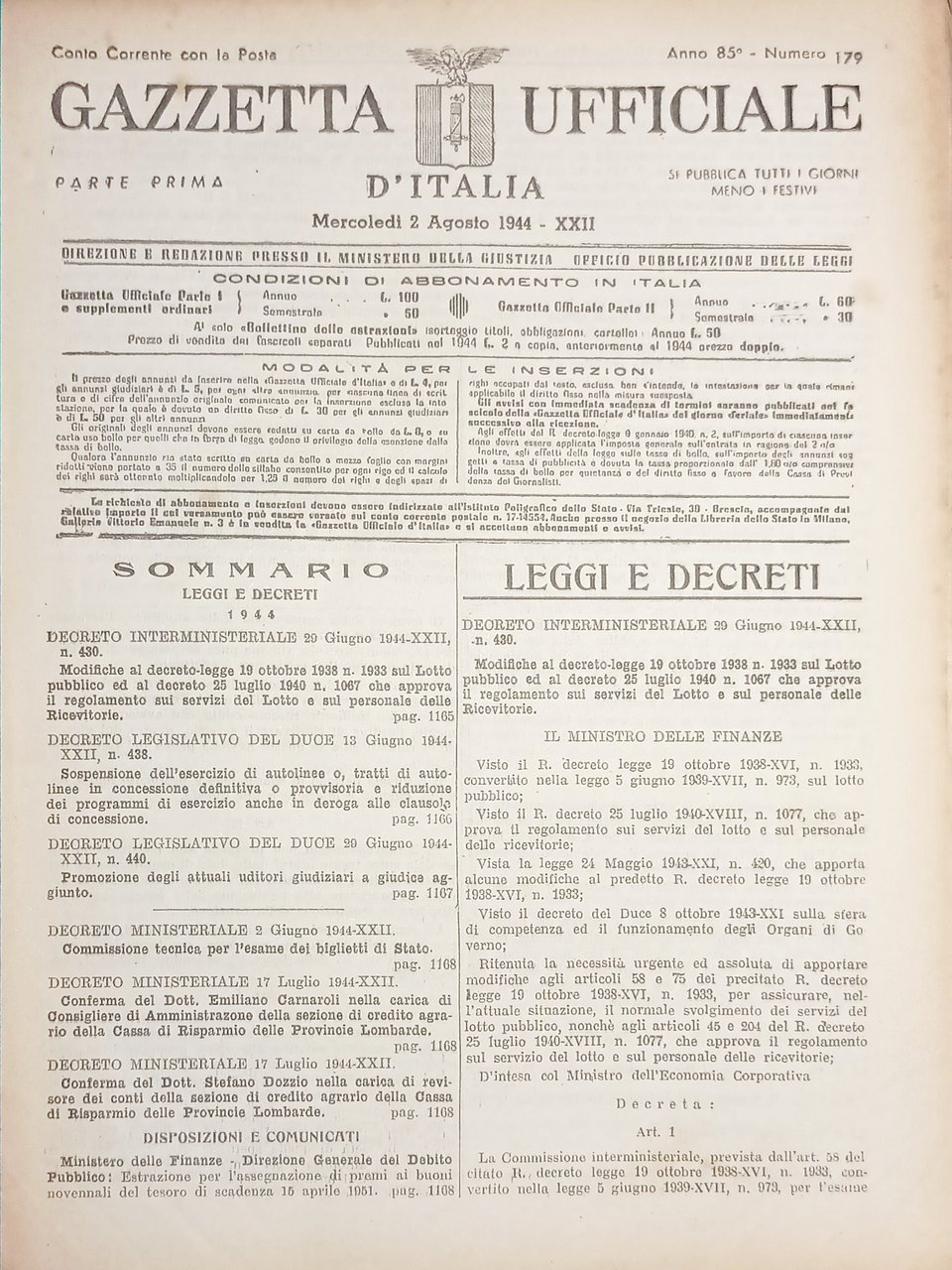 RSI Gazzetta Ufficiale d'Italia N. 179 - 1944