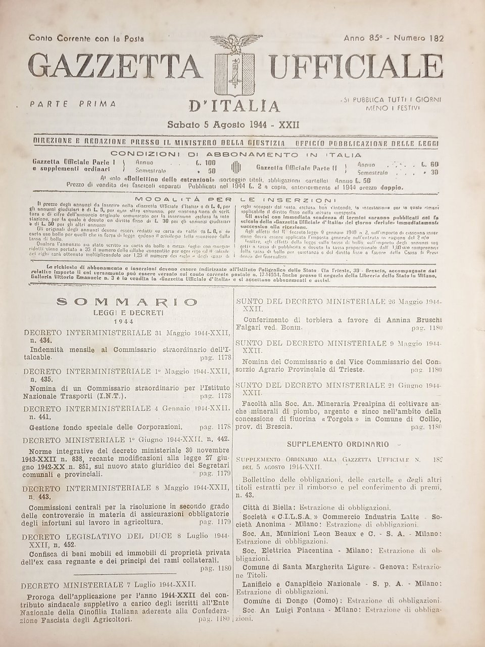 RSI Gazzetta Ufficiale d'Italia N. 182 - 1944