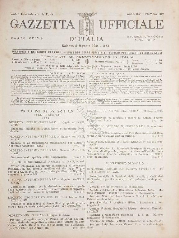 RSI Gazzetta Ufficiale d'Italia N. 182 - 1944