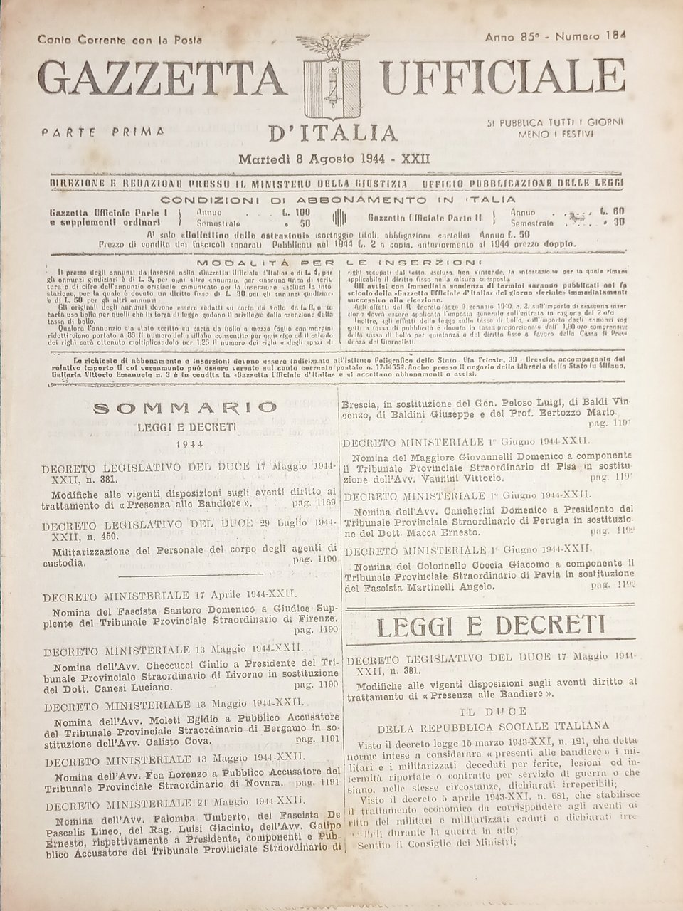 RSI Gazzetta Ufficiale d'Italia N. 184 - 1944