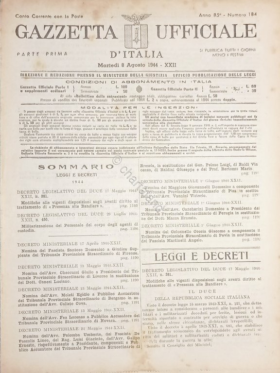 RSI Gazzetta Ufficiale d'Italia N. 184 - 1944