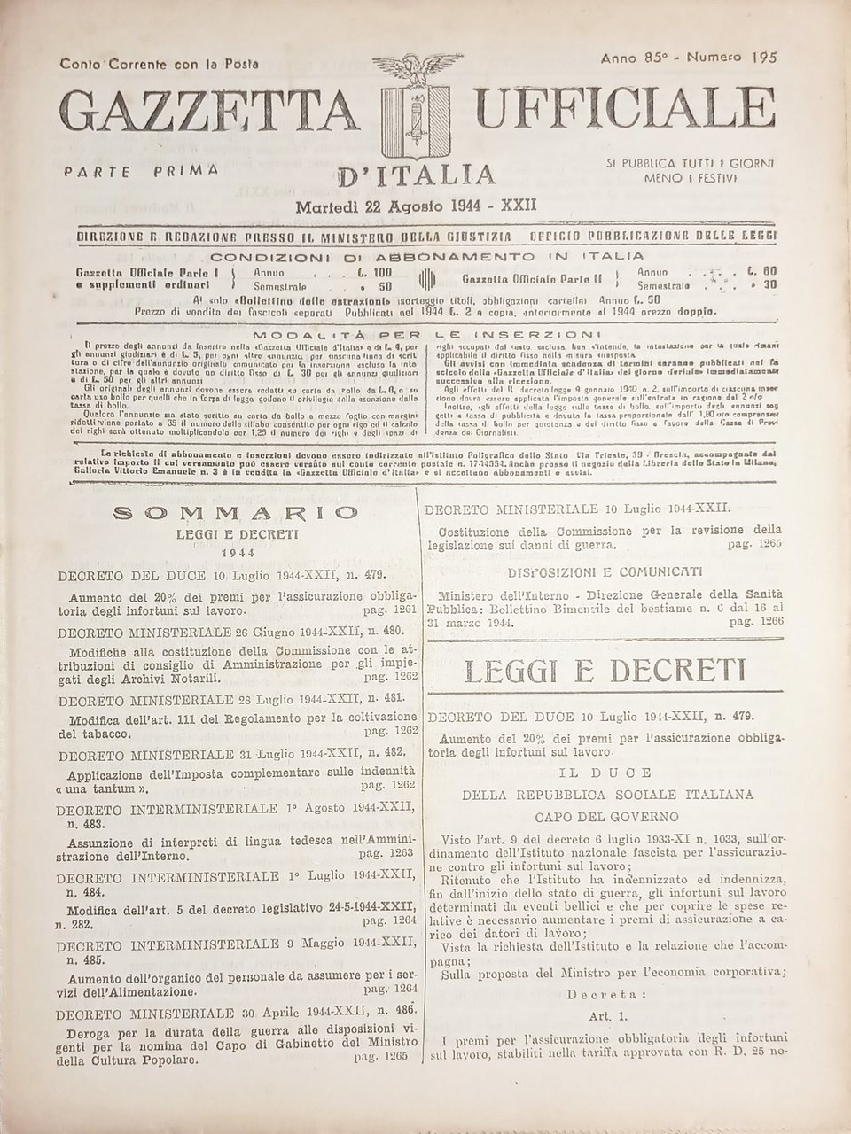 RSI Gazzetta Ufficiale d'Italia N. 195 - 1944