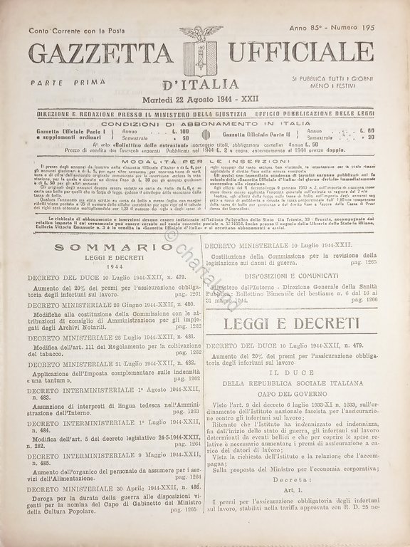 RSI Gazzetta Ufficiale d'Italia N. 195 - 1944