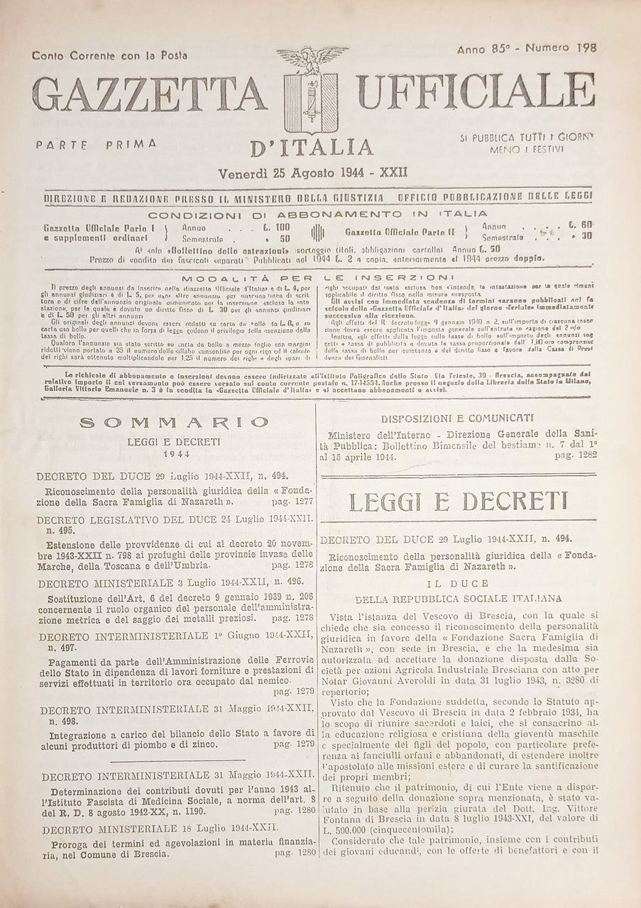 RSI Gazzetta Ufficiale d'Italia N. 198 - 1944