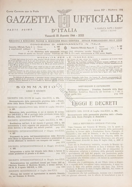 RSI Gazzetta Ufficiale d'Italia N. 198 - 1944