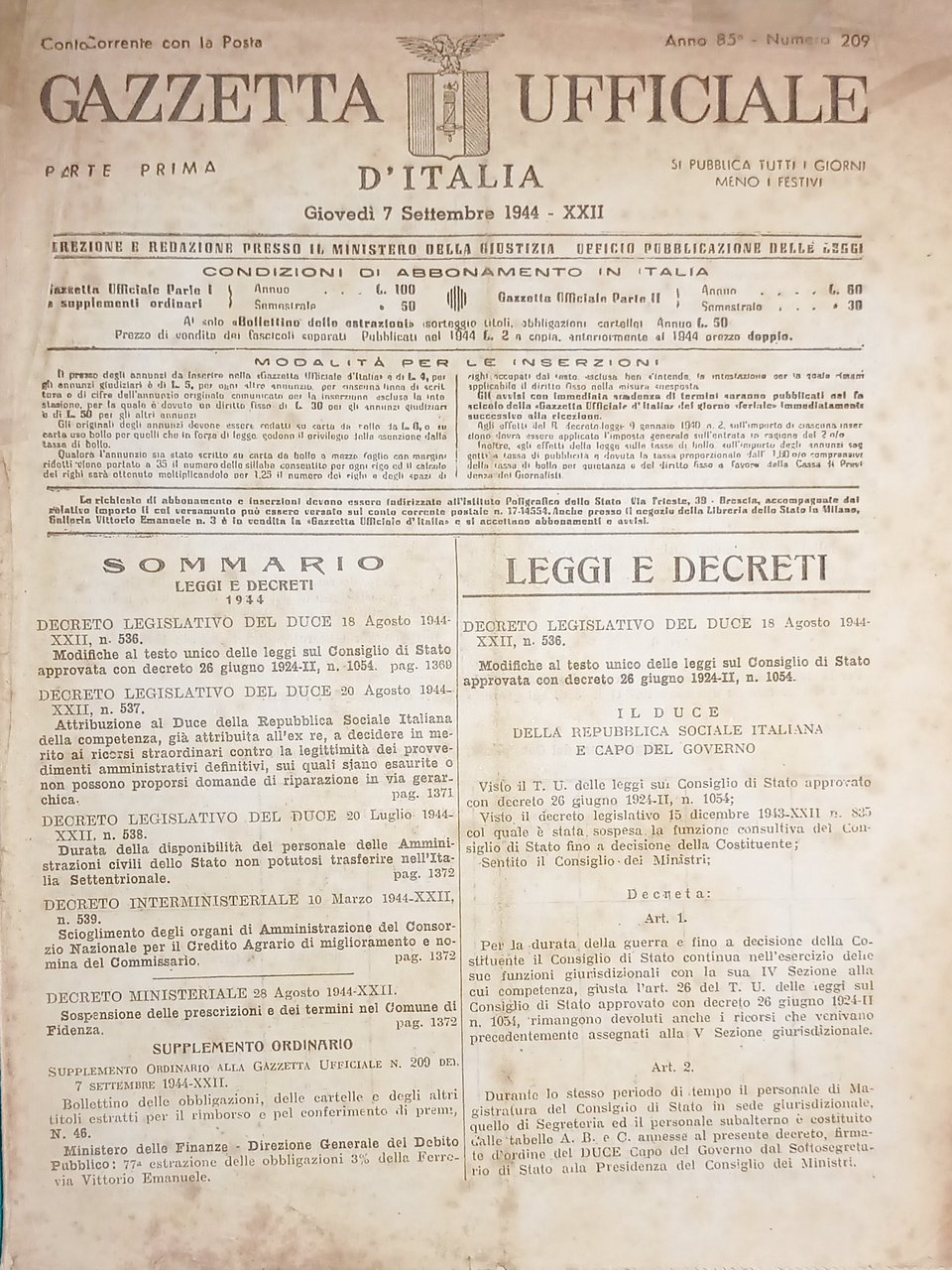 RSI Gazzetta Ufficiale d'Italia N. 209 - 1944