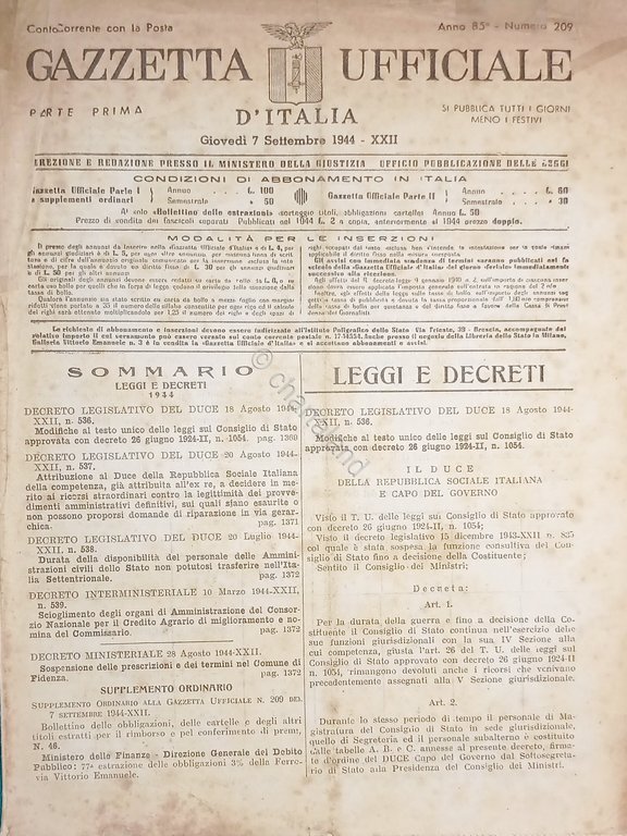 RSI Gazzetta Ufficiale d'Italia N. 209 - 1944