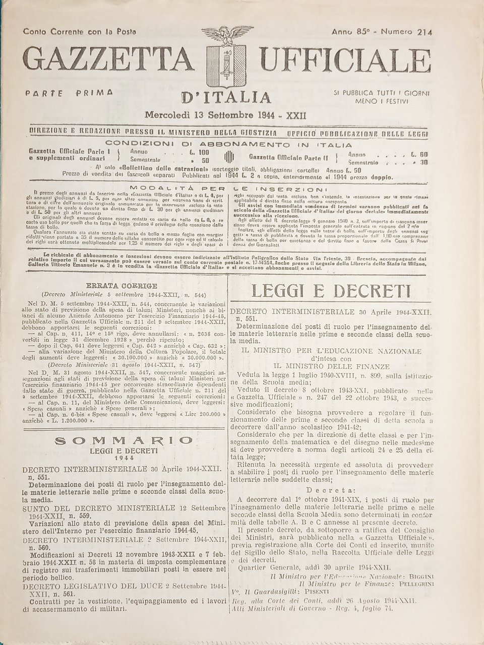 RSI Gazzetta Ufficiale d'Italia N. 214 - 1944