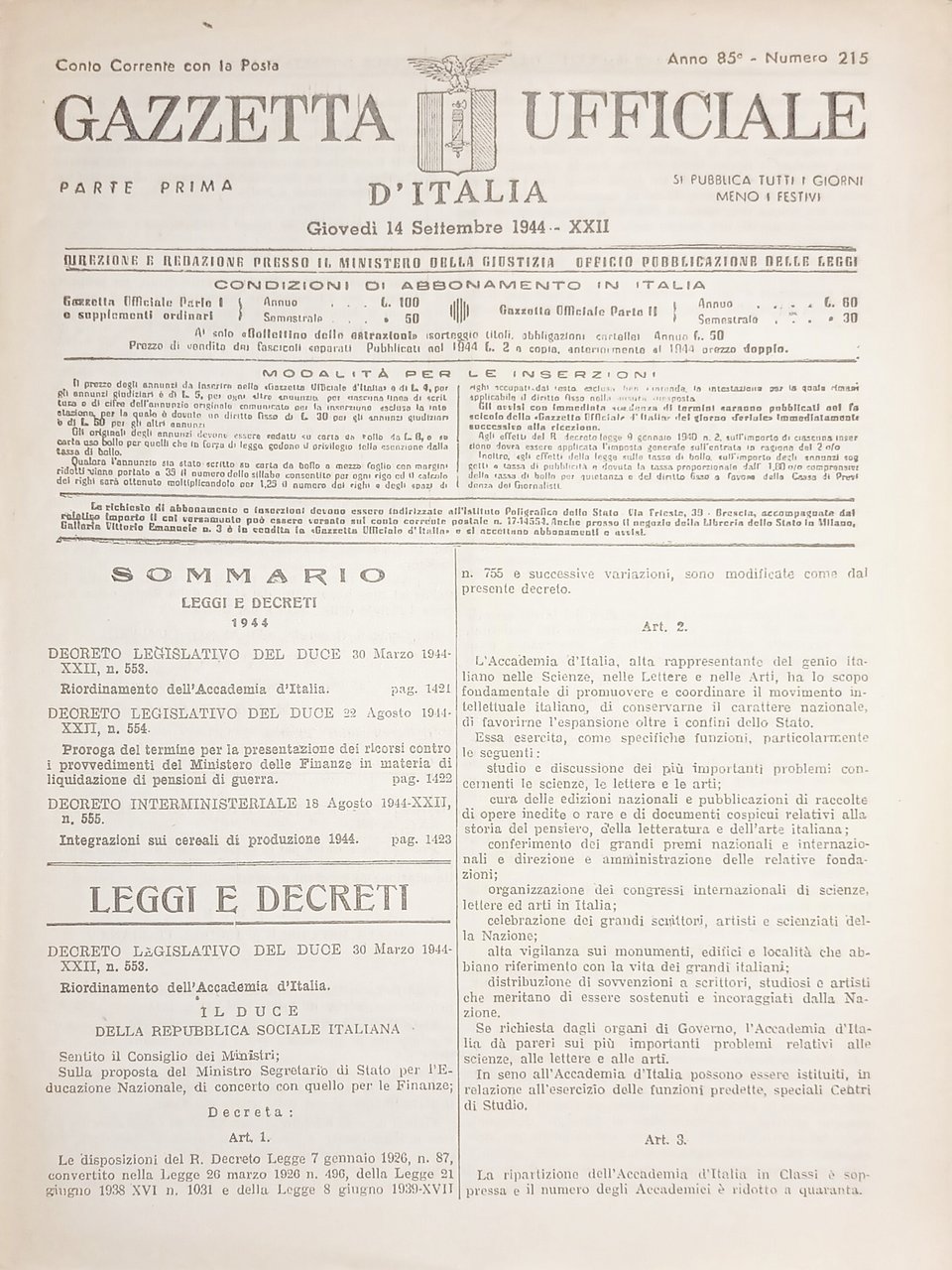 RSI Gazzetta Ufficiale d'Italia N. 215 - 1944