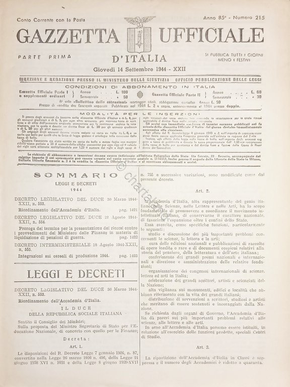 RSI Gazzetta Ufficiale d'Italia N. 215 - 1944