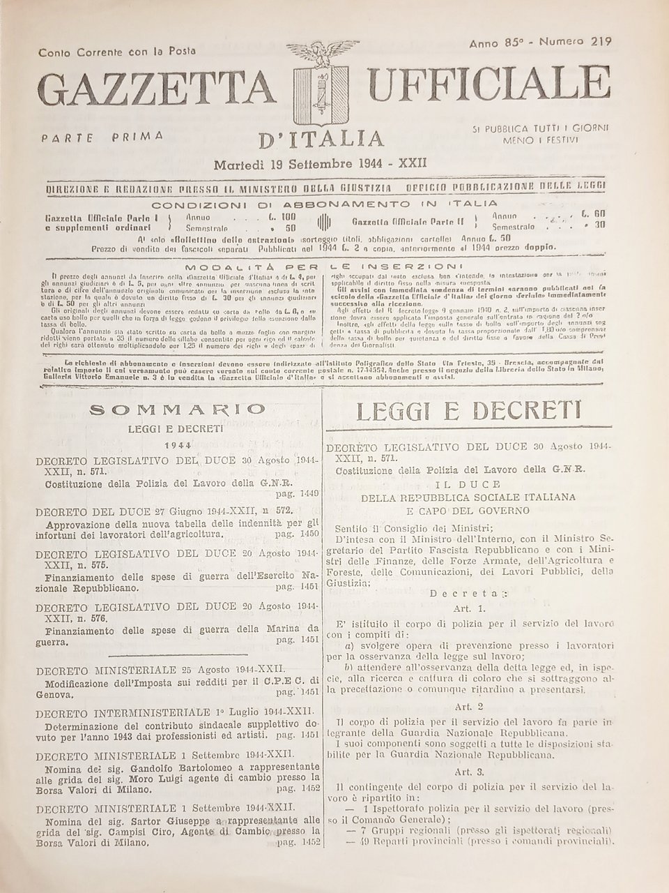 RSI Gazzetta Ufficiale d'Italia N. 219 - 1944