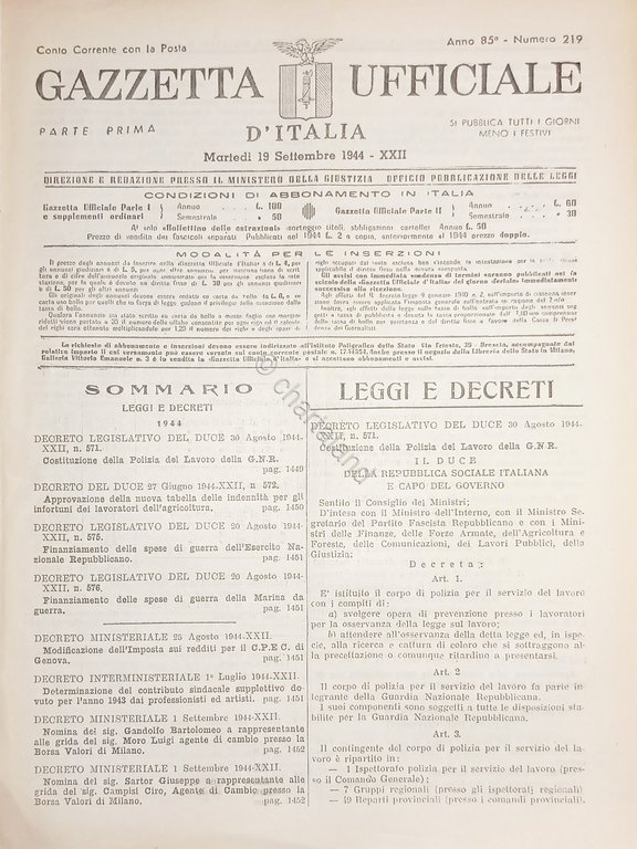 RSI Gazzetta Ufficiale d'Italia N. 219 - 1944