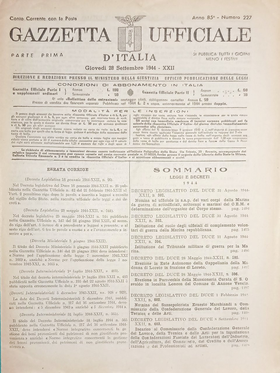 RSI Gazzetta Ufficiale d'Italia N. 227 - 1944