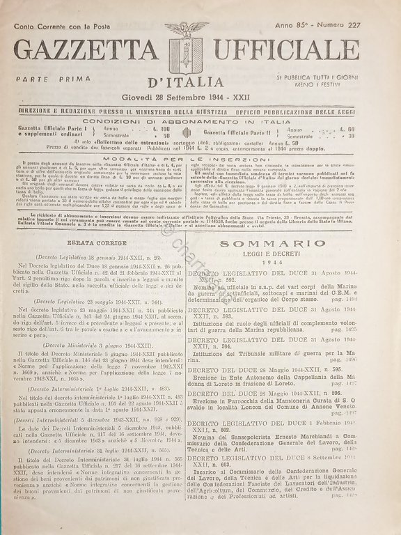 RSI Gazzetta Ufficiale d'Italia N. 227 - 1944