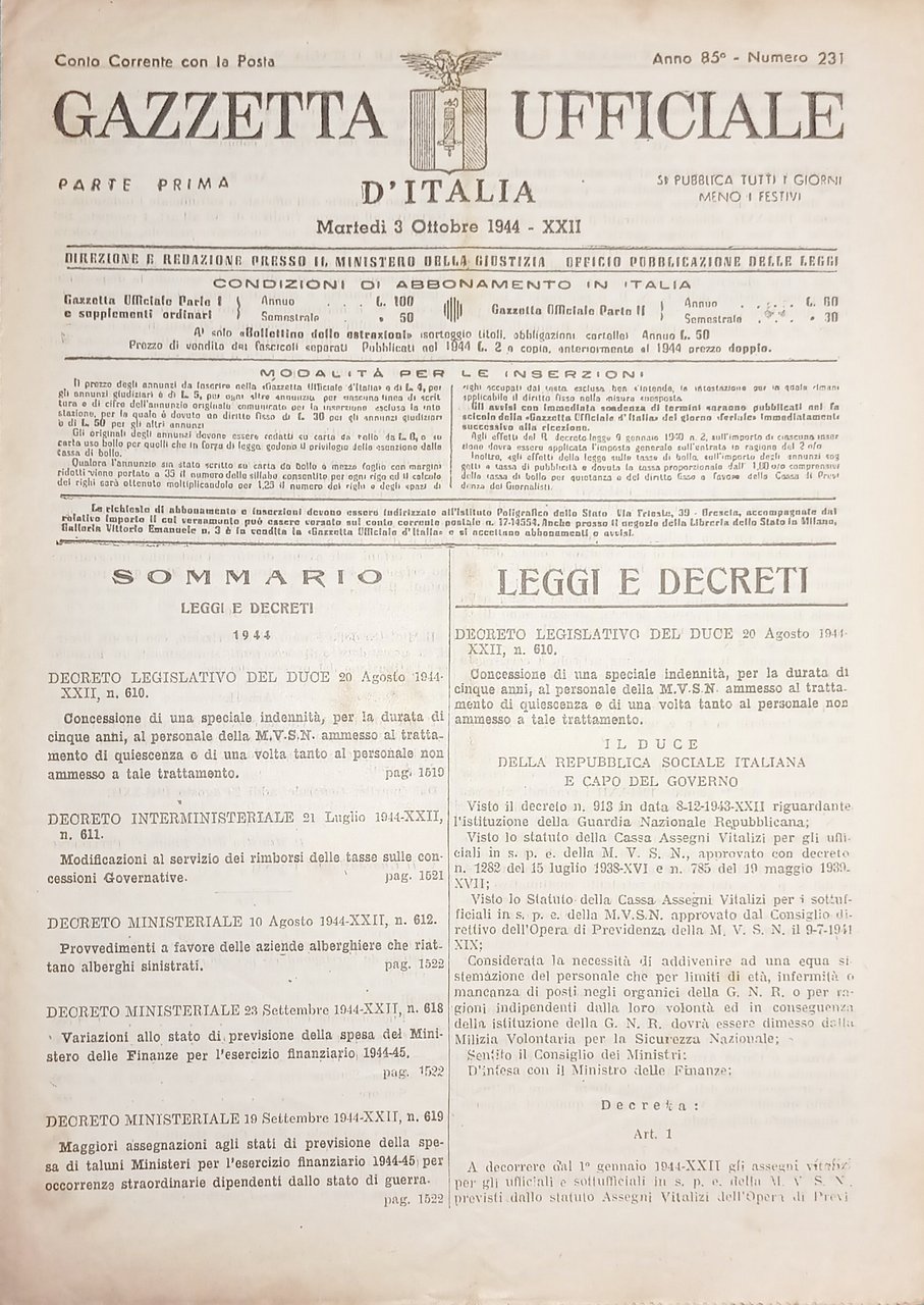 RSI Gazzetta Ufficiale d'Italia N. 231 - 1944